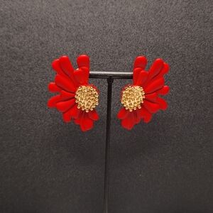 NEW - Red Floral Earrings with Gold Accents